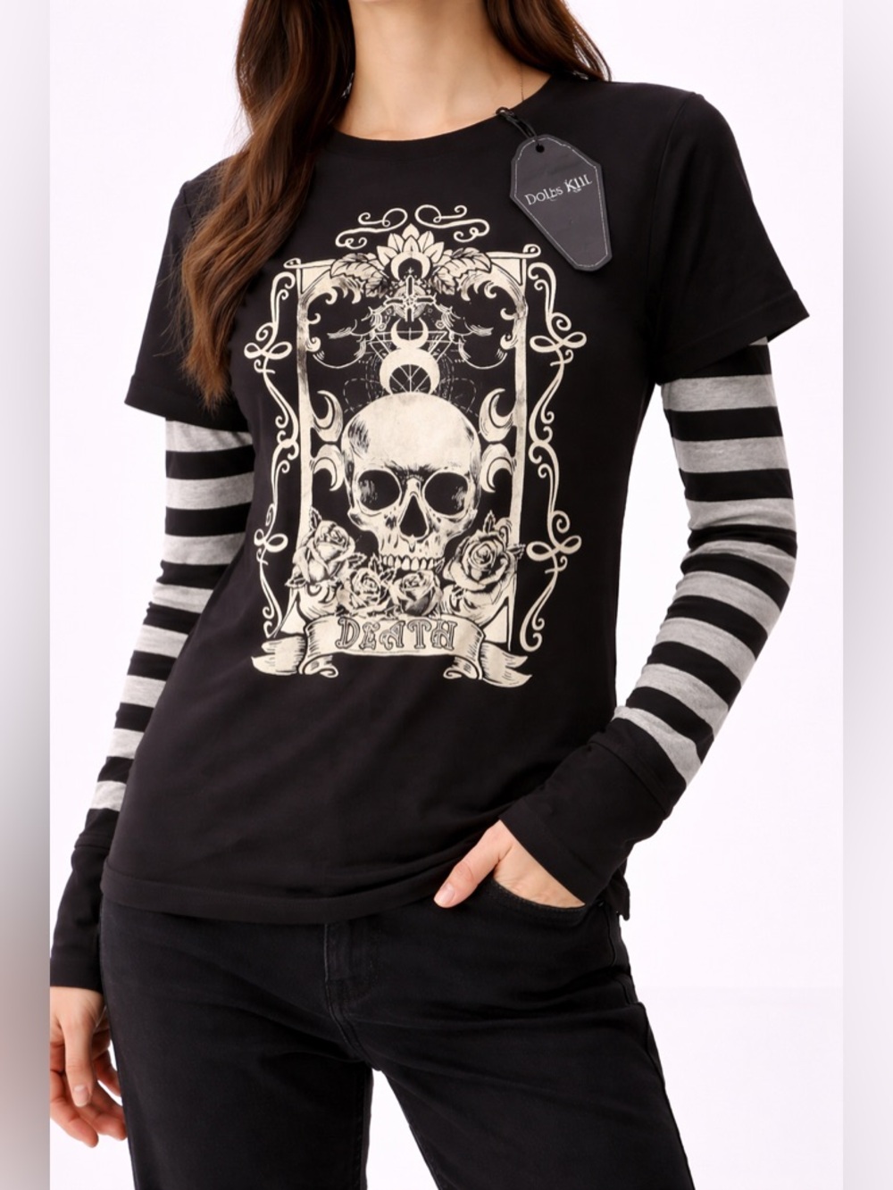 The Grave Girls Death Skull Tarot Graphic Layered Sleeve Tee XS NWT Goth